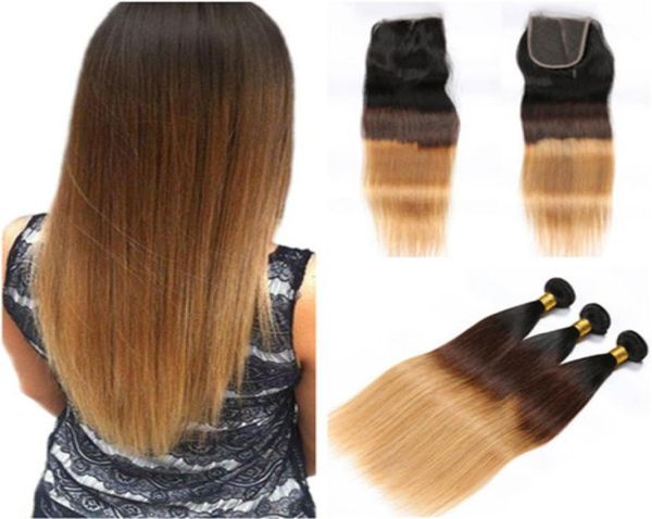 

1b427 honey blonde ombre brazilian human hair straight weaves with closure three tone colored 4x4 front lace closure with 3bund2875471, Black;brown