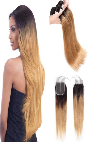 

precolored raw indian hair 3 bundles with closure 1b 27 ombre blonde straight human hair weaves bundles with closure 100 human h3734255, Black