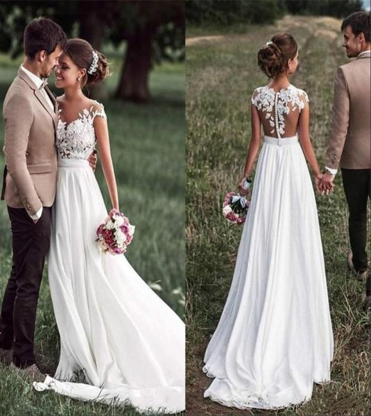

vintage boho beach country wedding dresses sheer neck cap sleeves appliques lace chiffon backless bridal gowns3859218, White