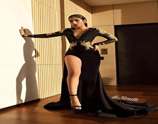 

deep v neck black mermaid dresses formal evening gowns with applique long sleeves prom dress trumpet bride party vestidos1692521, Black;red