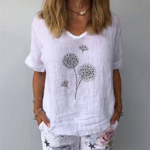 

women's tanks camis summer t shirt fashion female short sleeve shirts v neck 3d pattern lady tee dandelion print casual t shirt clothin, White