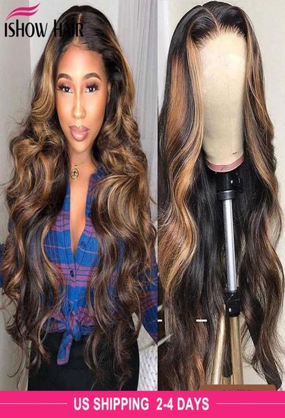 

ishow highlight 427 body wave human hair wigs omber color t1b27 131 lace front wig preplucked 360 wigs for women all ages brow6863211, Black;brown