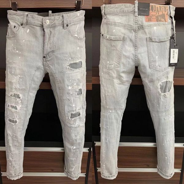 

man slim fit gray paint splatter detail damaged jeans, Blue