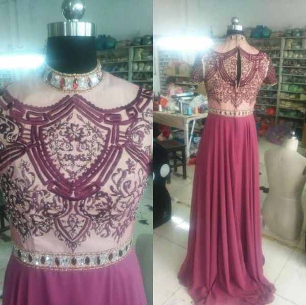 

exquisite embroidery prom dresses crystals high neck beads sequins short sleeves chiffon long formal evening party gowns custom ma4576856, Black