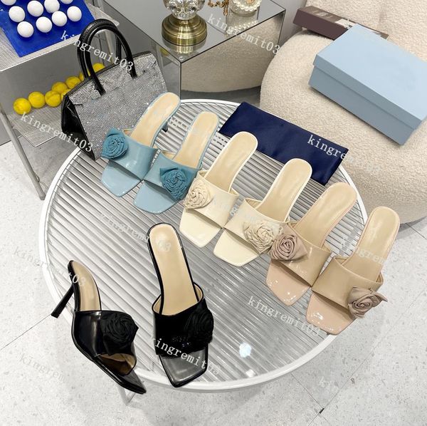 

designer sandals quilted nappa sandal soft suede leather slippers chunky heel flower stiletto heel fashion slipper high heels size 35-40, Black