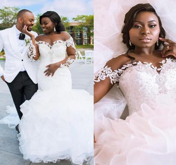 

2021 plus size african wedding dresses illusion long sleeves sheer neck crystal beads lace ruffles organza bridal gowns gorgeous v4675308, White
