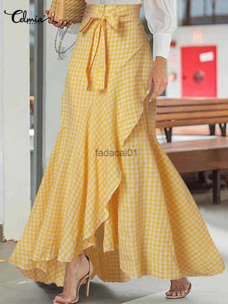 

maxi skirts women 2023 summer fashion high waist wrap long skirt asymmetrical vintage plaid ruffled mermaid bottom femme l230621, Black