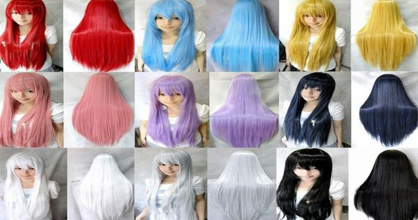 

9 colors women heat resistant hair wigs pink black blue red yellow white blonde purple 80cm long straight cosplay hair party synth2907443