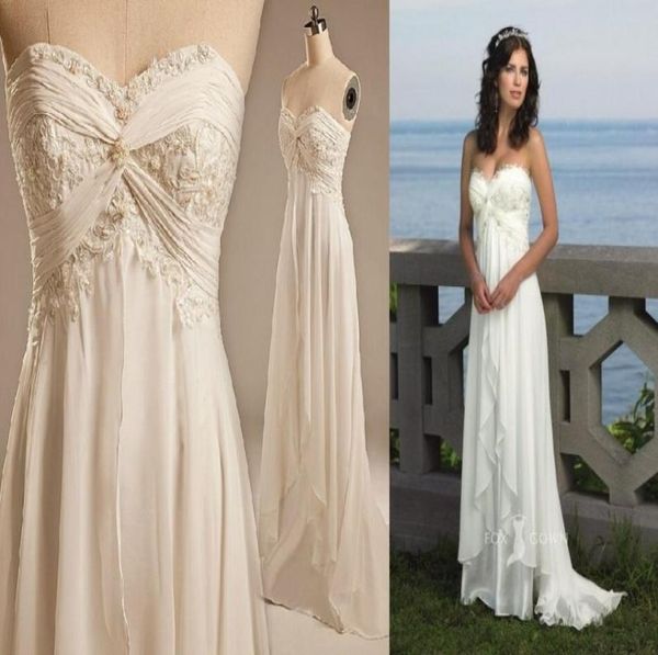 

classic beach wedding dresses gown chiffon sweetheart pearls real po empire boho applique lace long vestiod de bridal gowns9842427, White