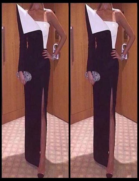 

2018 new sheath evening dresses with side split one shoulder long sleeves black and white asymmetrical modern party prom gow5032520, Black;red