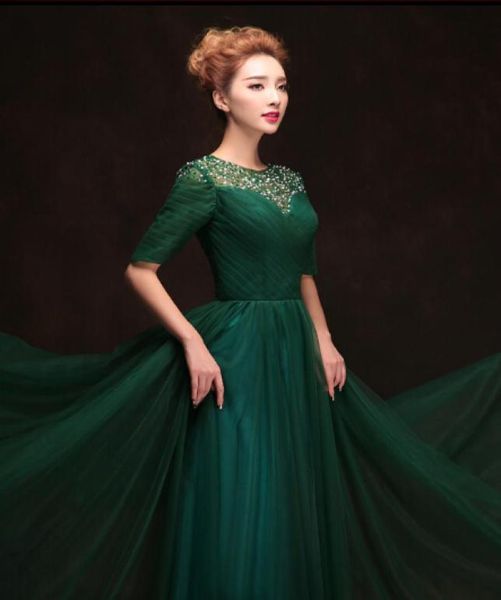 

distinctive sequined decorated elie saab prom dresses crew sheer half sleeve aline floorlength tulle evening gowns7672909, Black;red