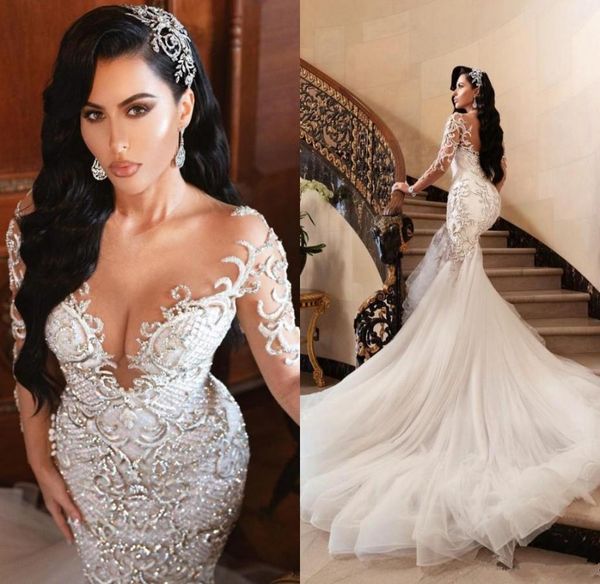 

luxury arabic mermaid wedding dresses dubai spark crystals long sleeves sheer bridal gowns court train tulle skirt wedding dre1482253, White