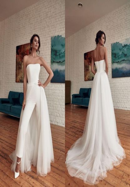 

fashionable unique simple plus size jumpsuits wedding dress bridal gowns with detachable train strapless ankle length formal jumps2707242, White