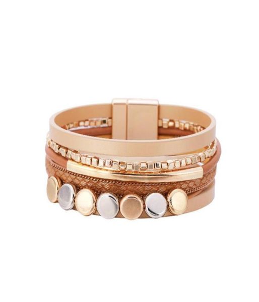 

bangle style bracelet color matching metal brass tube ladies retro ethnic multilayer magnetic leather whole1755045, Black