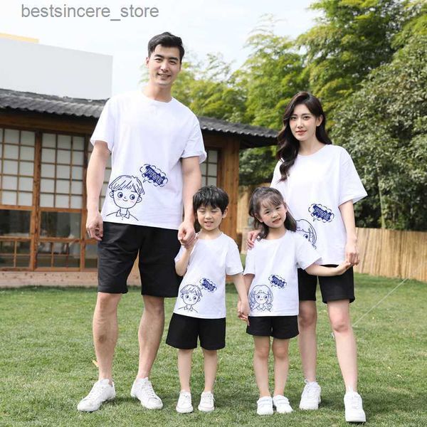 

new cotton parent-child t-shirt sleeves loose 2023spring and summer family wear children's short-sleeved family matching outfits l23052, Blue