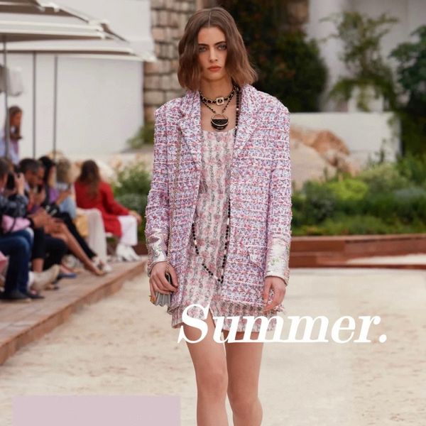 

c1010 european and american women's clothes 2023 spring new long-sleeved suit collar single breasted pink fashion tweed coat, White;black