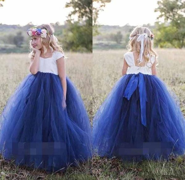 

cute princess white navy blue flower girls dresses 2019 bateau neck cape sleeve puffy ball gown girls pageant gown first communion5212452, White;blue