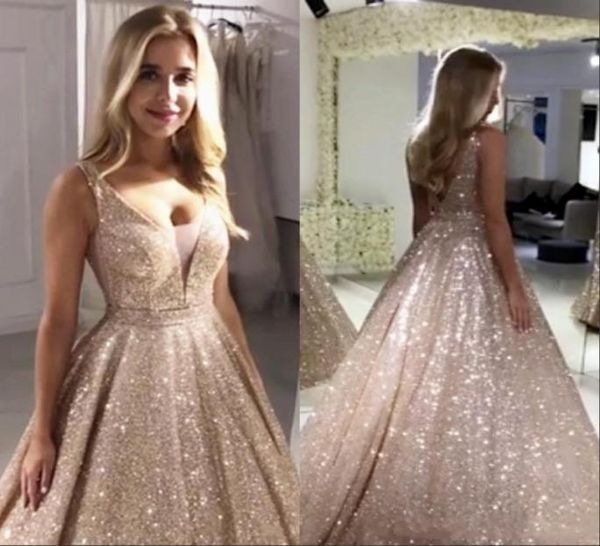 

gorgeous rose gold sequined evening dresses v neck sparkling bling sequin aline backless prom party dresses robe de soiree formal1987274, Black;red