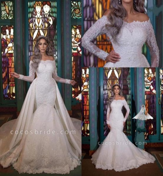 

2023 lace mermaid wedding dresses bateau neck long sleeves tulle lace applique sweep train bridal gowns with detachable bc14759 gb5485545, White
