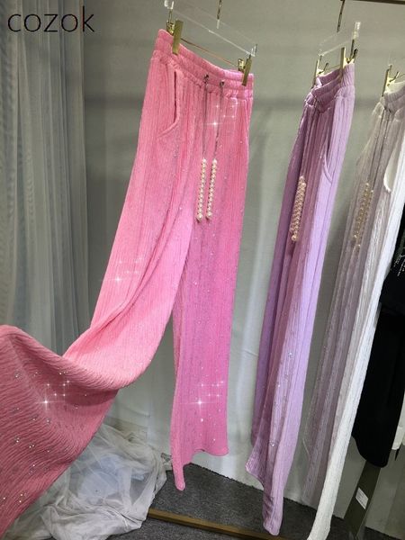 

women's pants s european heavy drilling women 2023 summer all matching trousers fashion pink wide leg mop slimming casual 230630, Black;white