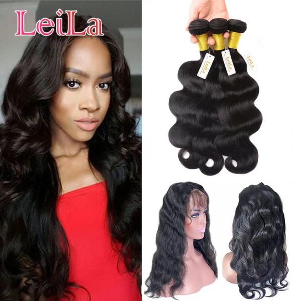 

mongolian virgin hair 360 lace frontal with bundles pre plucked body wave hair extensions human hair frontal closure natural color1192642, Black;brown