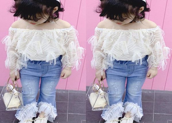 

toddler kids clothes set baby girl lace off shoulder t shirt destroyed ripped jeans flare pants children outfits 2pcs 7567082, White