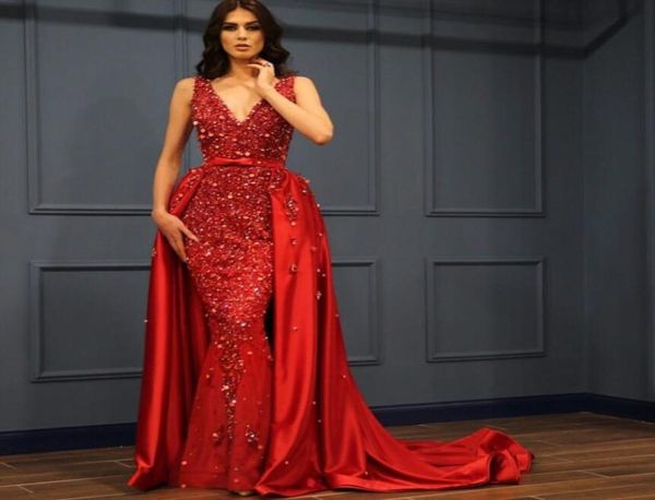 

gorgeous beaded lace mermaid evening dresses with detachable train v neck sequined prom gowns sweep train satin crystals formal dr4180609, Black;red