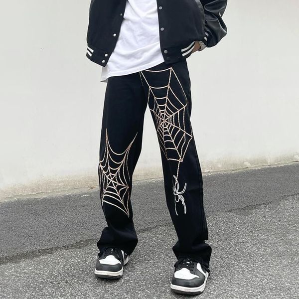 

men's jeans embroidery spider web straight casual jeans pants men vibe style ripped oversize loose denim trousers streetwear 230630, Blue