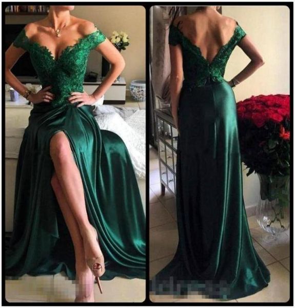 

robe de soiree emerald green lace evening dresses 2017 off the shoulder v neck backless high slit satin vestido de festa9138188, Black;red