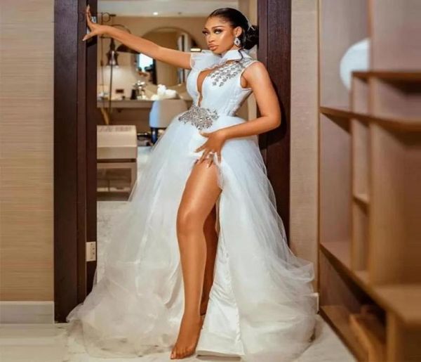 

modern a line wedding dresses high neck keyhole sleeveless bridal custom made crystal beads side split open back floor length4214486, White