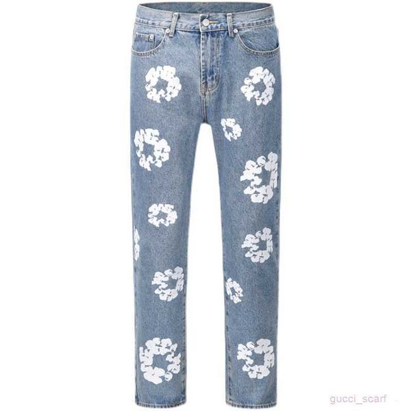 

men's jeans high street denim tears style kapok washed straight fashion vintage loose pants, Blue