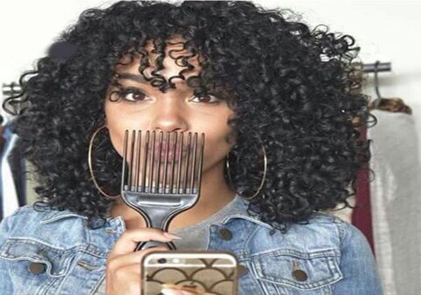 

kinky curly with bangs full lace human wig for black woman indian afro kinky curly lace front virgin hair wig short curly wig9992730, Black;brown