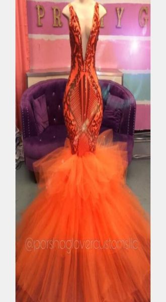

deep v neck prom dresses sequined lace appliques tiered tulle mermaid evening dress sleeveless zipper party vestidos9729077, Black