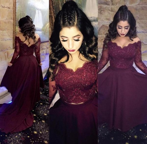 

two pieces burgundy prom dresses off shoulder long sleeves lace appliques crystal beaded formal party dress evening gow8096671, Black