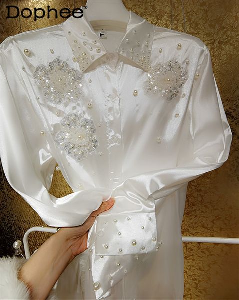 

women's blouses shirts korean 3d flower heavy sequins beaded white shirt women high end satin polo collar long sleeved blouse summer of