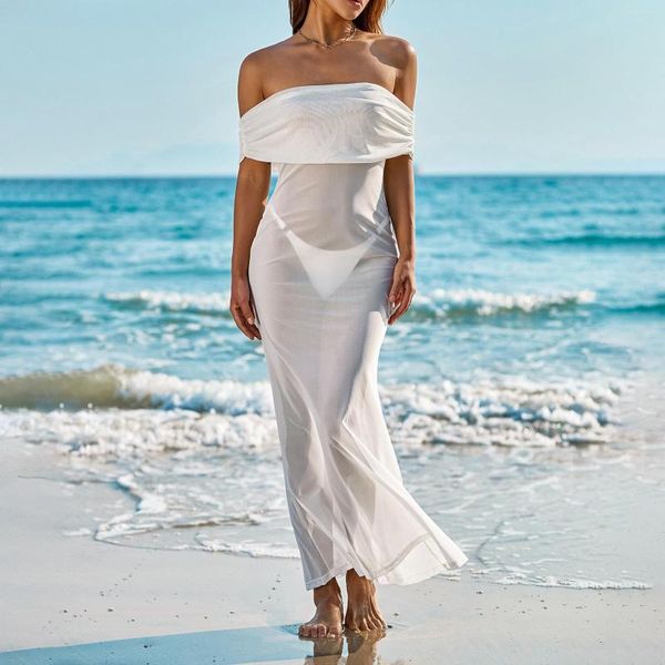 

see through off-shoulder mesh sheer beach dress sun-proof wrapped sunscreen smock long dress women bikini cover-ups beachwear, White;black