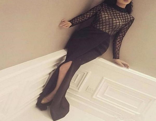 

2020 long sleeves black women evening dresses side split transparent high neck prom dress saudi arabia evening gowns vestido 6580917, Black;red