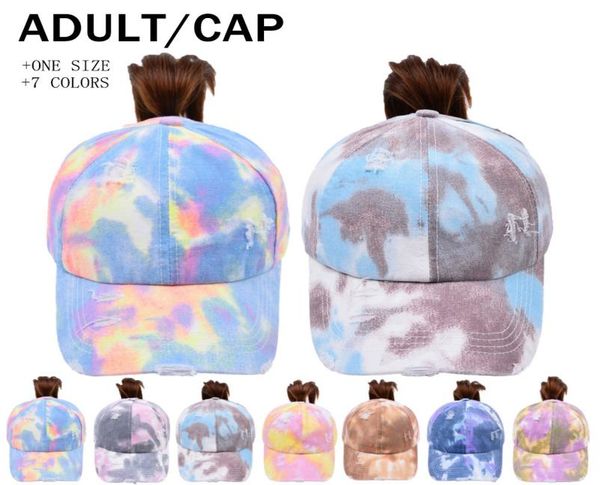 

tiedye ponytail hats snapbacks 7 colors woman washed baseball caps outdoor sports messy bun trucker hat cyz32172129046, Black;white