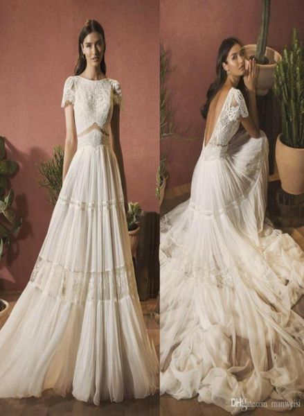 

vintage bohemian backless wedding dresses 2020 short sleeve lace appliqued boho chiffon bridal gowns a line wedding dress robe de 5880025, White