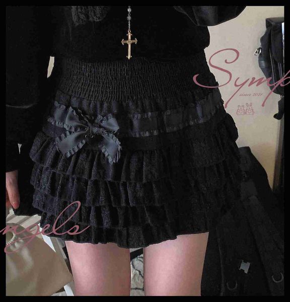 

gothic bow ruffle tiered skirt women high waist solid criss cross tie up aline mini skirt pleated skirts l230621, Black