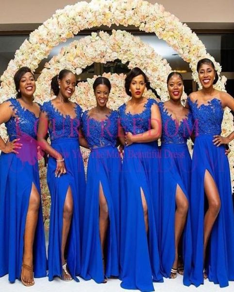 

2019 royal blue bridesmaid dresses sheer jewel neck long chffion floor length side split maid of honor wedding guest gown cu9404807, White;pink