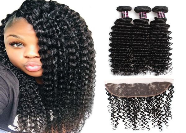 

brazilian deep wave human hair wefts 3bundles with 13x4 lace frontal ear to ear human hair bundles with closure4963922, Black