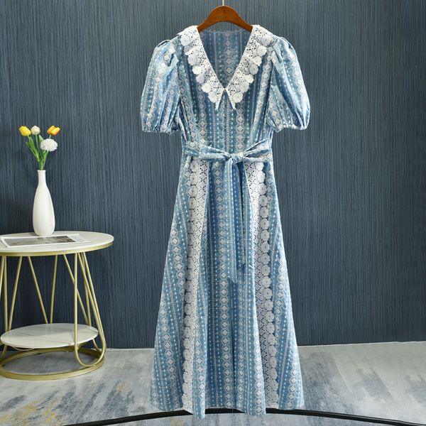 

23 xia xin xiao xiang temperament ma * je lace up waist lapel lace lace embroidery waist up fashion temperament dress long, Black;gray