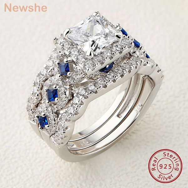 

with side stones she 3 pcs wedding rings set for women 925 silver 2.6ct princess cut white blue aaaaa cz luxury bridal engagement ring 23063