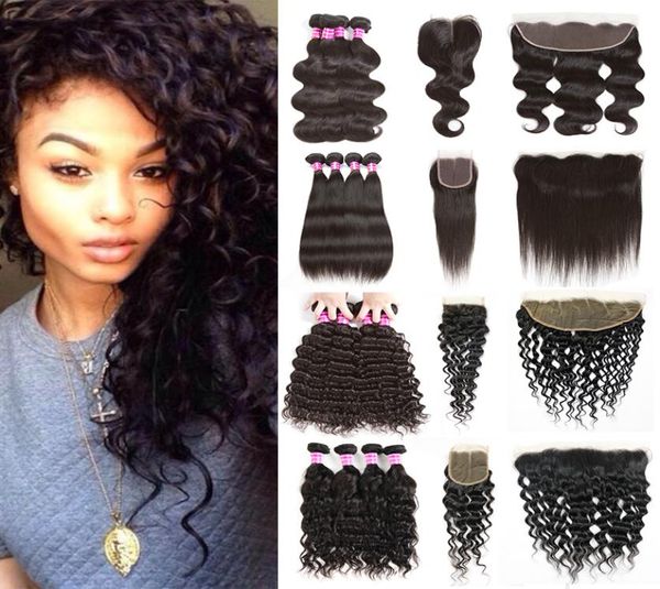 

brazilian body wave bundles with closure straight kinky curly human hair water wave deep wave bundles with frontal 4 bundles with 7528002, Black
