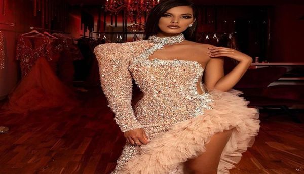 

special irregular formal dress prom evening gowns one shoulder luxury high neck sequins beaded crystal evening dresses robes de so1333213, Black;red