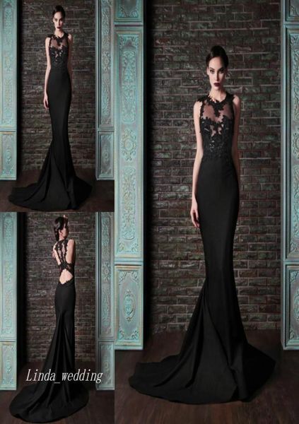 

rami kadi black nude back prom dress crew neckline lace appliques transparent mermaid satin court train long evening dress7038623