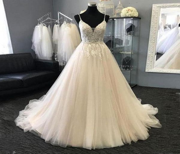 

ball gown wedding dresses 2018 elegant v neck spaghetti appliques lace beading tulle backless wedding gowns bridal dresses3876698, White