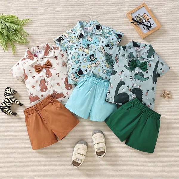 

16199 summer baby boys outfits set children cartoon dinosaur animals print bow tie short sleeve with shorts 2pcs clothing sets, White