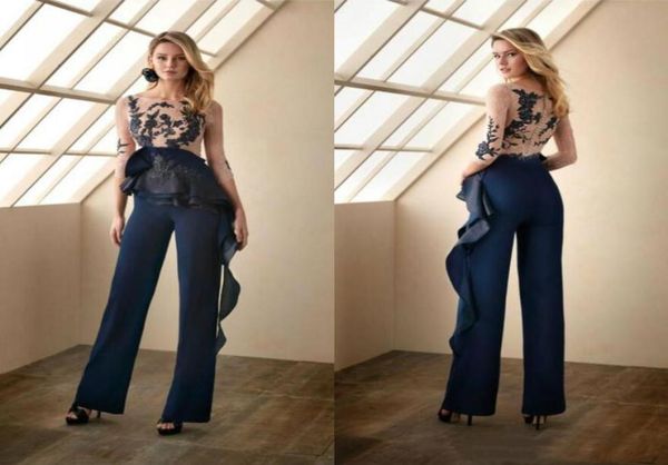 

navy blue mother of the bride dresses jumpsuits lace appliqued ankle length jewel neck wedding guest dress for groom illusion form4686869, Black;red